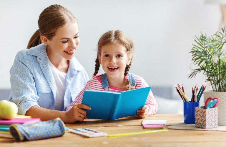 A mother helping her daughter decide which journal prompt for kids she wants to write about.